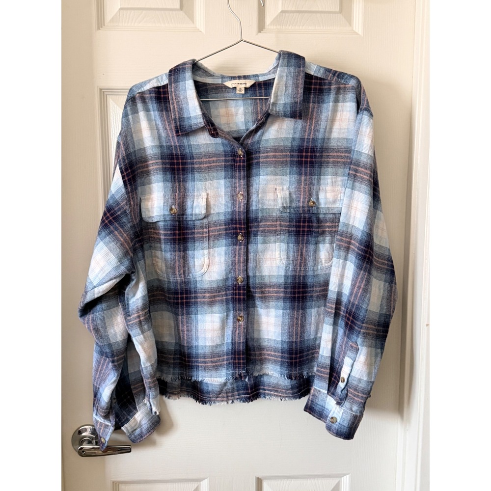 Lucky Brand Blue Plaid Cropped Flannel Shirt Raw Hem XL Womens Boxy Button‎ Down